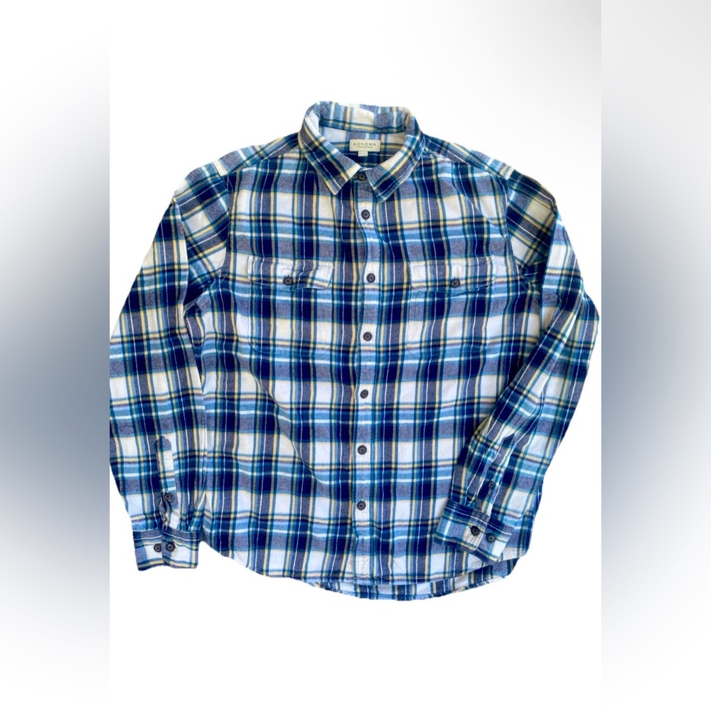 Sonoma Men’s Blue & White Plaid Cotton Flannel Button-Up Shirt - Size M